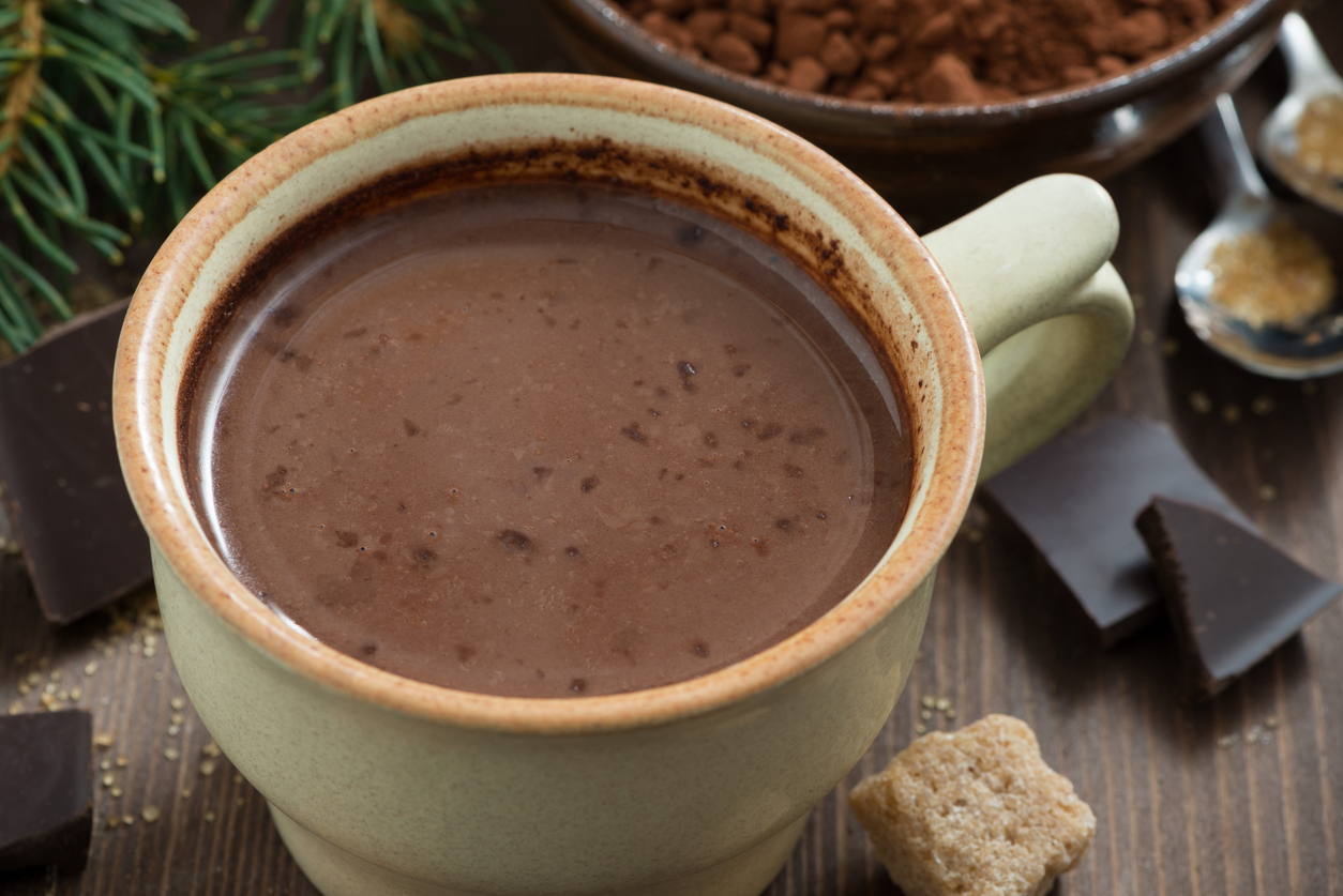 hot chocolate in a ceramic cup, top view, close-up, horizontal